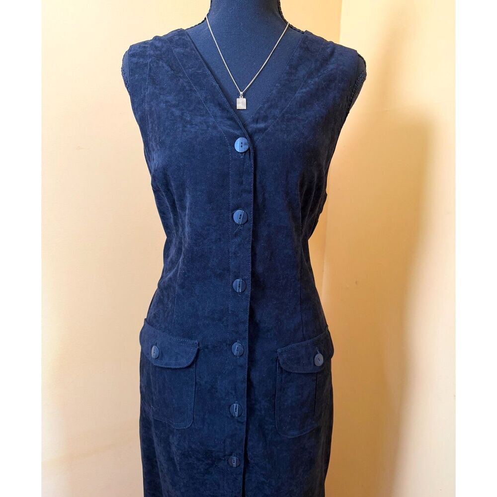 Vtg 90s St John's Bay Black Faux Suede Button Front Pocket Midi Jumper Dress 10P